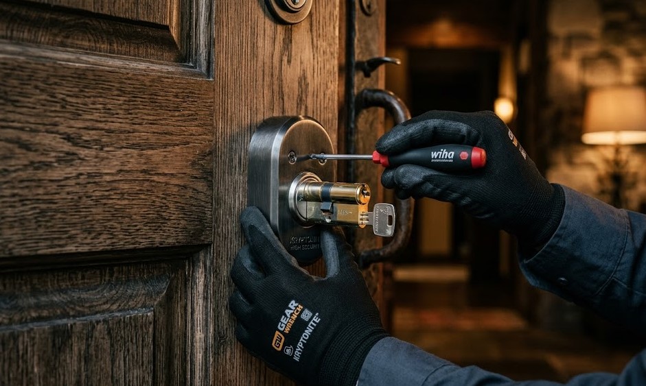 Especialista Cerrajero instalando cerradura premium de alta seguridad en puerta de casa en Ororbia, Navarra