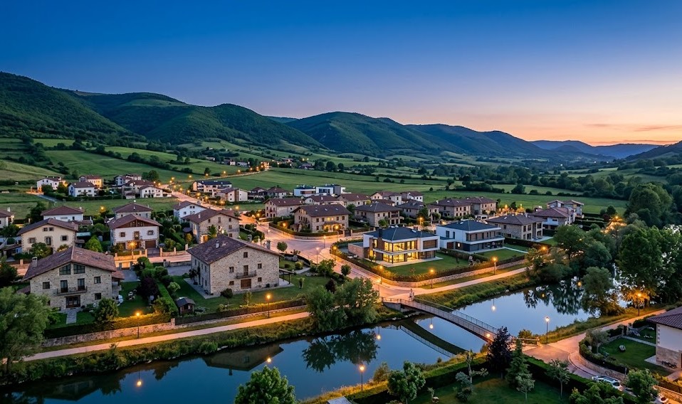 Vista del entorno natural, el río Arga y las casas residenciales en Ororbia y la Cendea de Olza